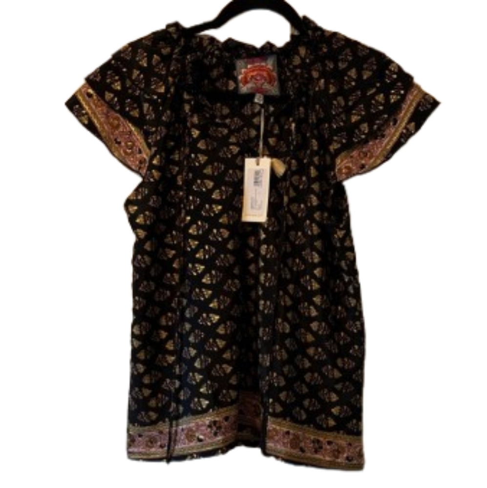 Johnny Was Black Floral Print Short Sleeve Blouse with Border Trim